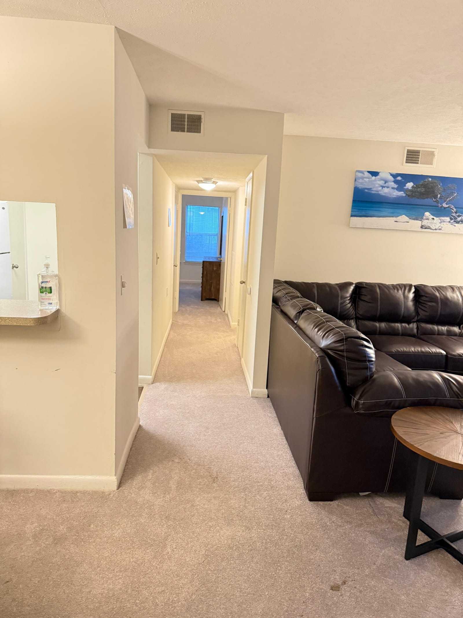 The hallway leading from the living room to the bedrooms, with a hand sanitiser dispenser mounted beside the kitchen pass-through.